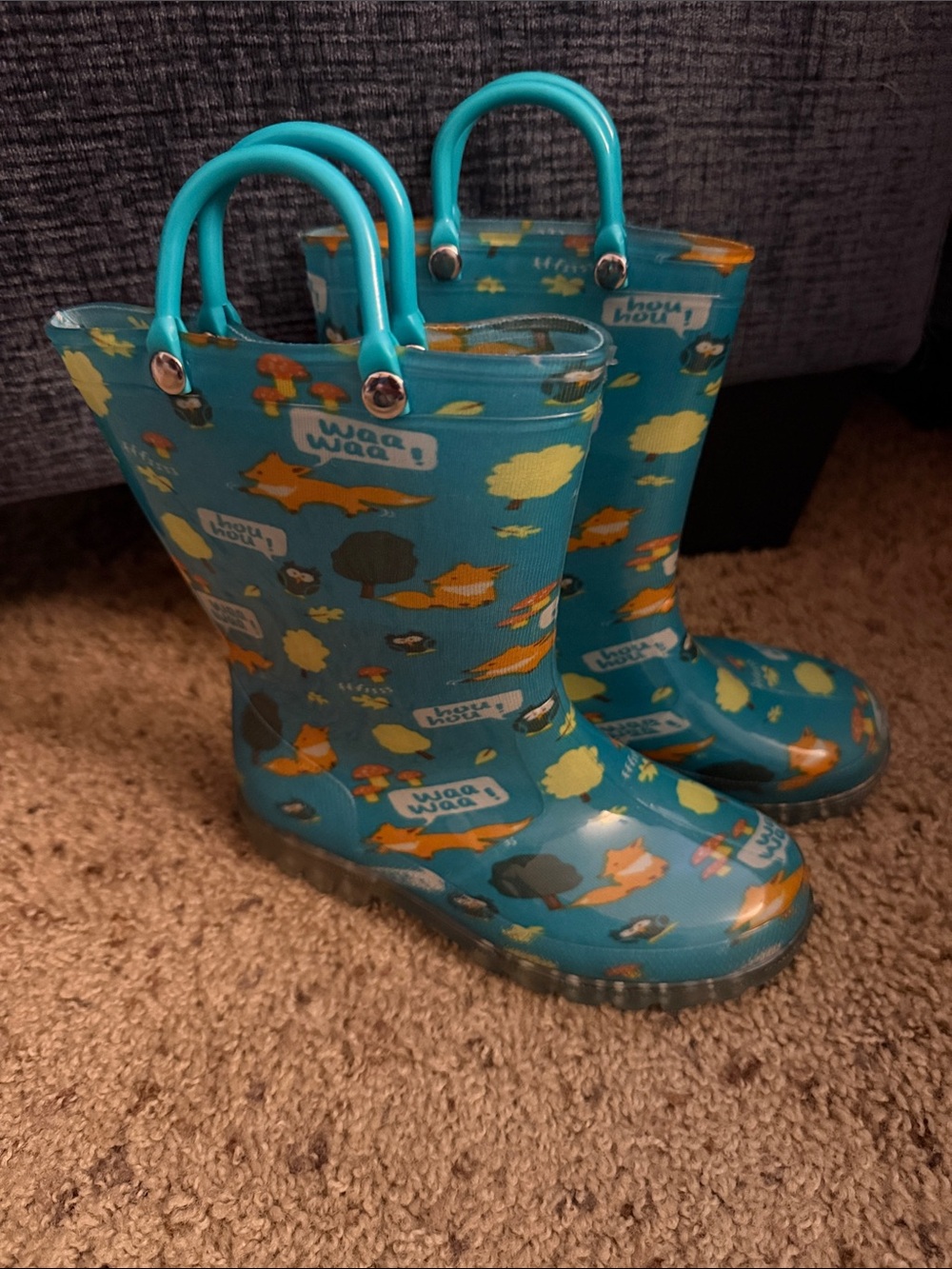 Kids Teal Fox Print Waterproof Rain Boots with Easy Pull Handles